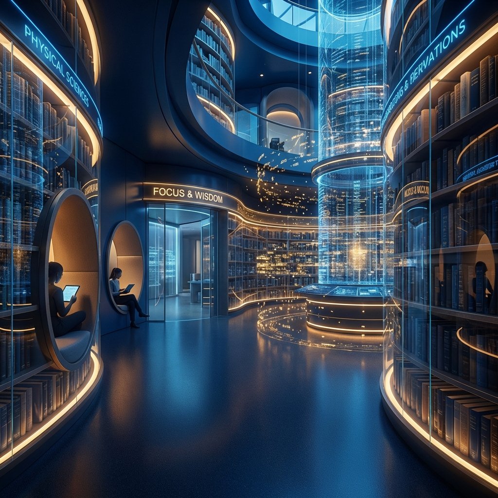 A futuristic library representing Edxera's course universe